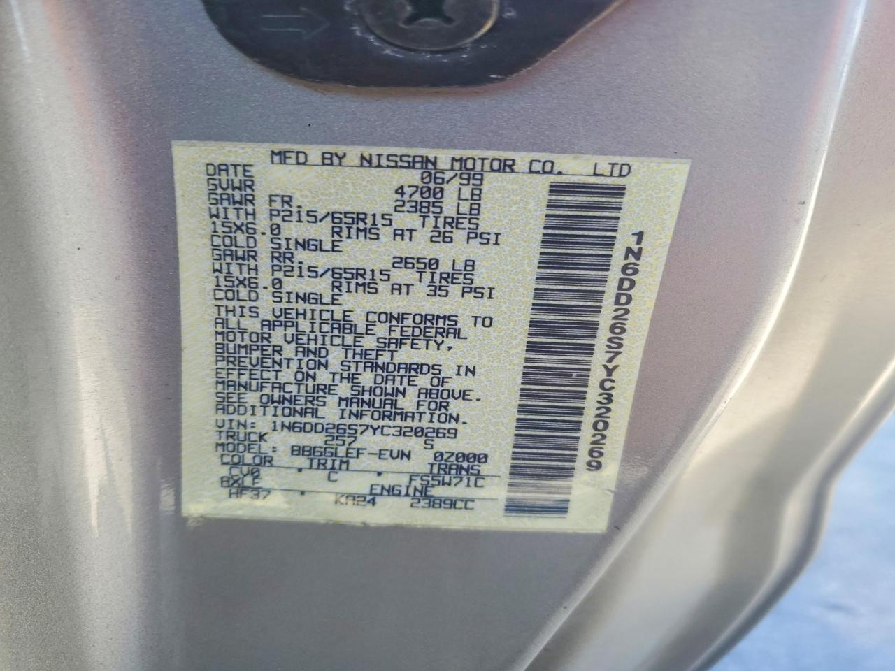 2000 Nissan Frontier King Cab Xe Gray vin: 1N6DD26S7YC320269