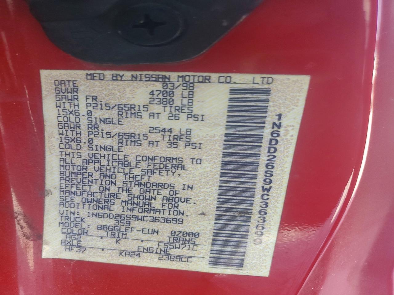 1998 Nissan Frontier Xe Red vin: 1N6DD26S9WC363699