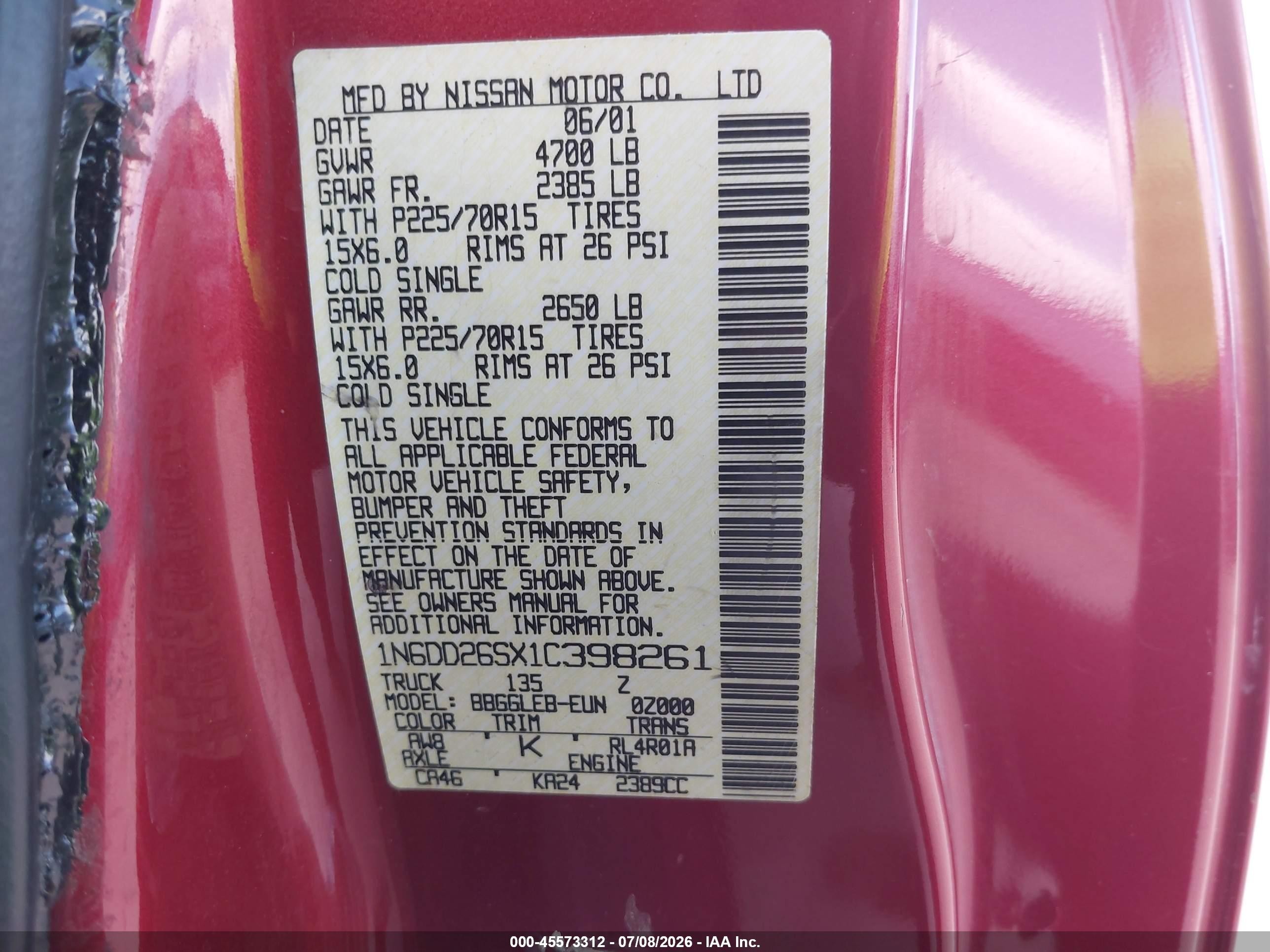 2001 Nissan Frontier Xe Burgundy vin: 1N6DD26SX1C398261