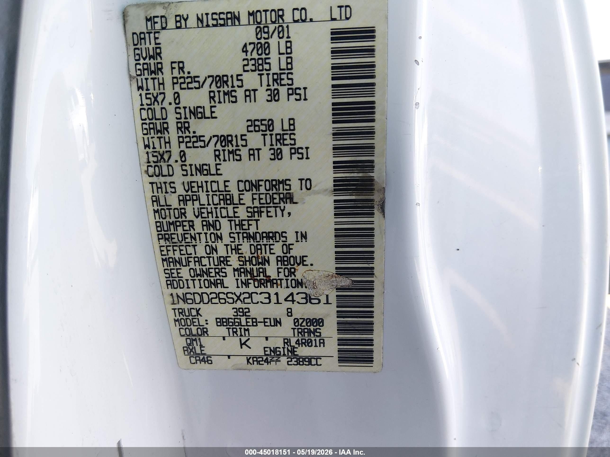 2002 Nissan Frontier Xe Белый vin: 1N6DD26SX2C314361