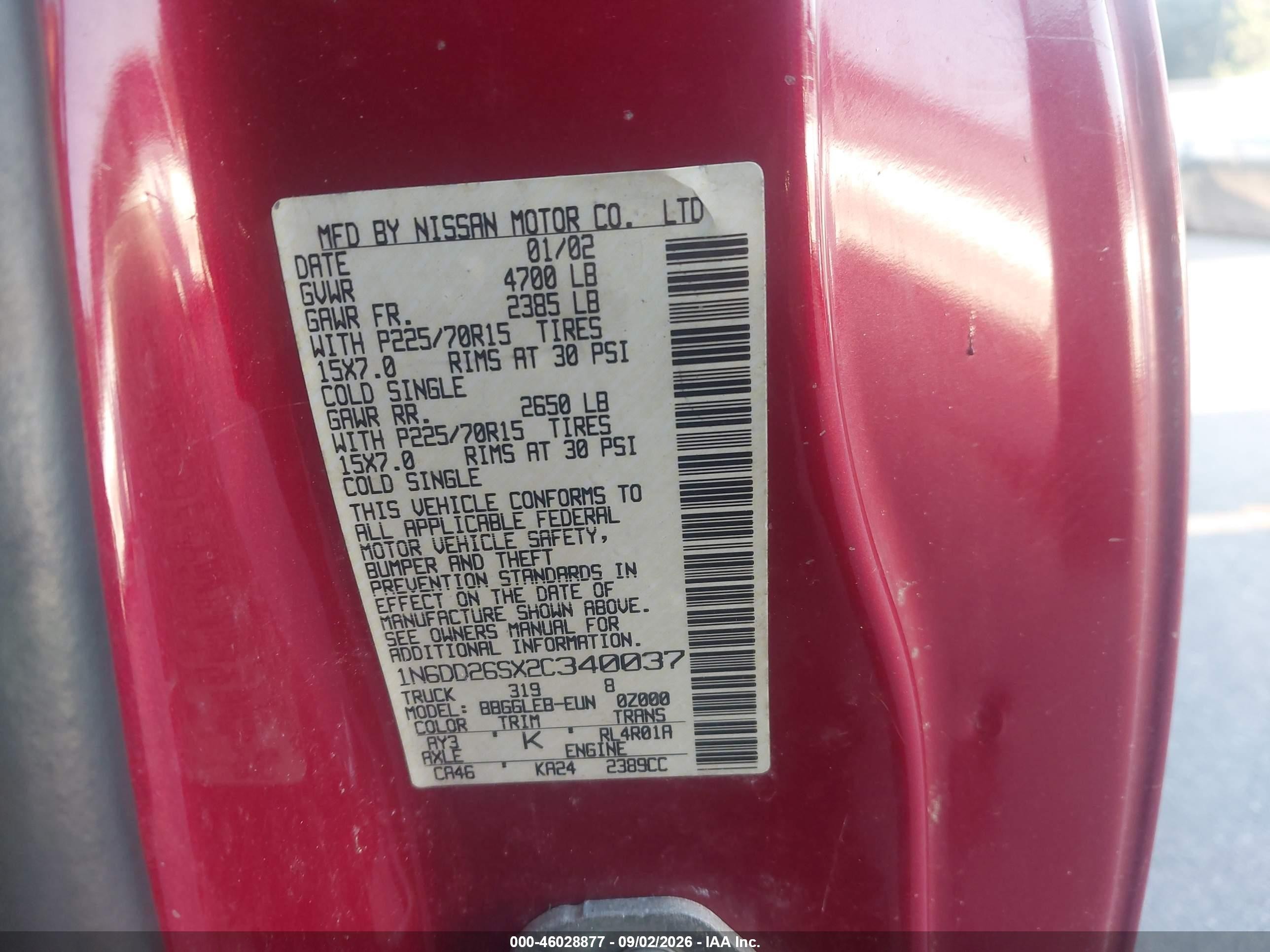 2002 Nissan Frontier Xe Red vin: 1N6DD26SX2C340037