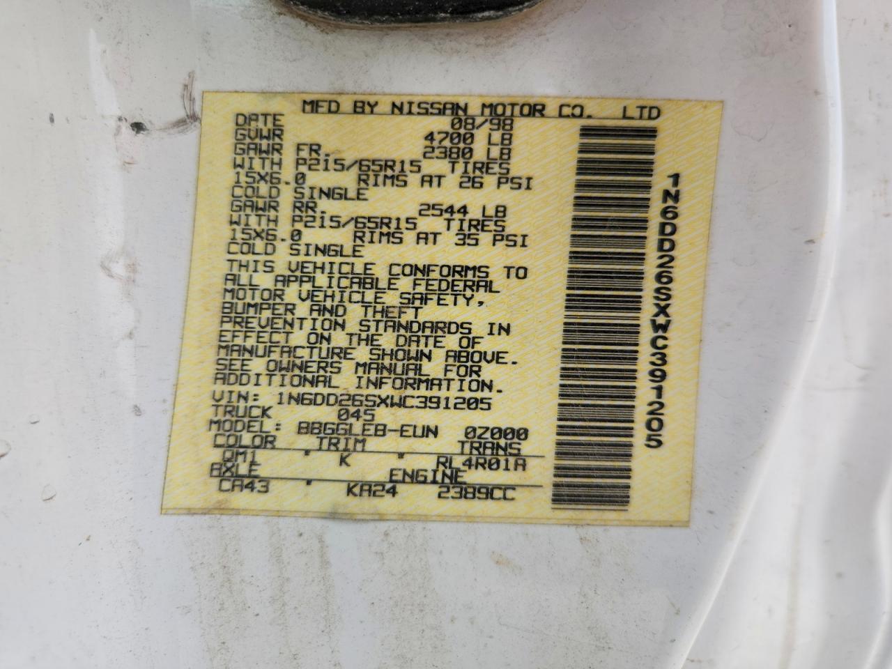 1998 Nissan Frontier Xe Белый vin: 1N6DD26SXWC391205