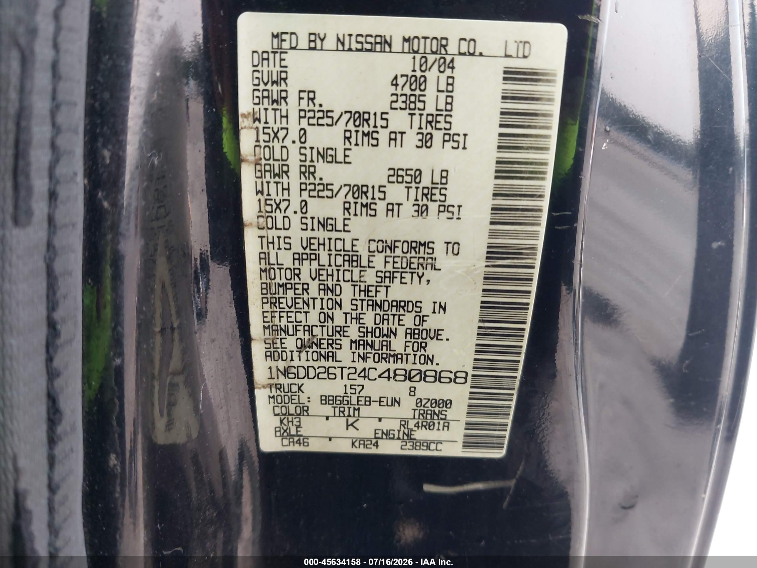 2004 Nissan Frontier Xe Черный vin: 1N6DD26T24C480868