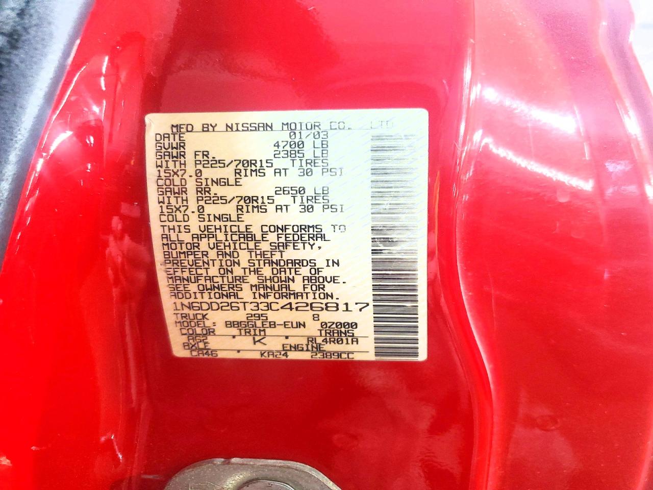 2003 Nissan Frontier King Cab Xe Red vin: 1N6DD26T33C426817