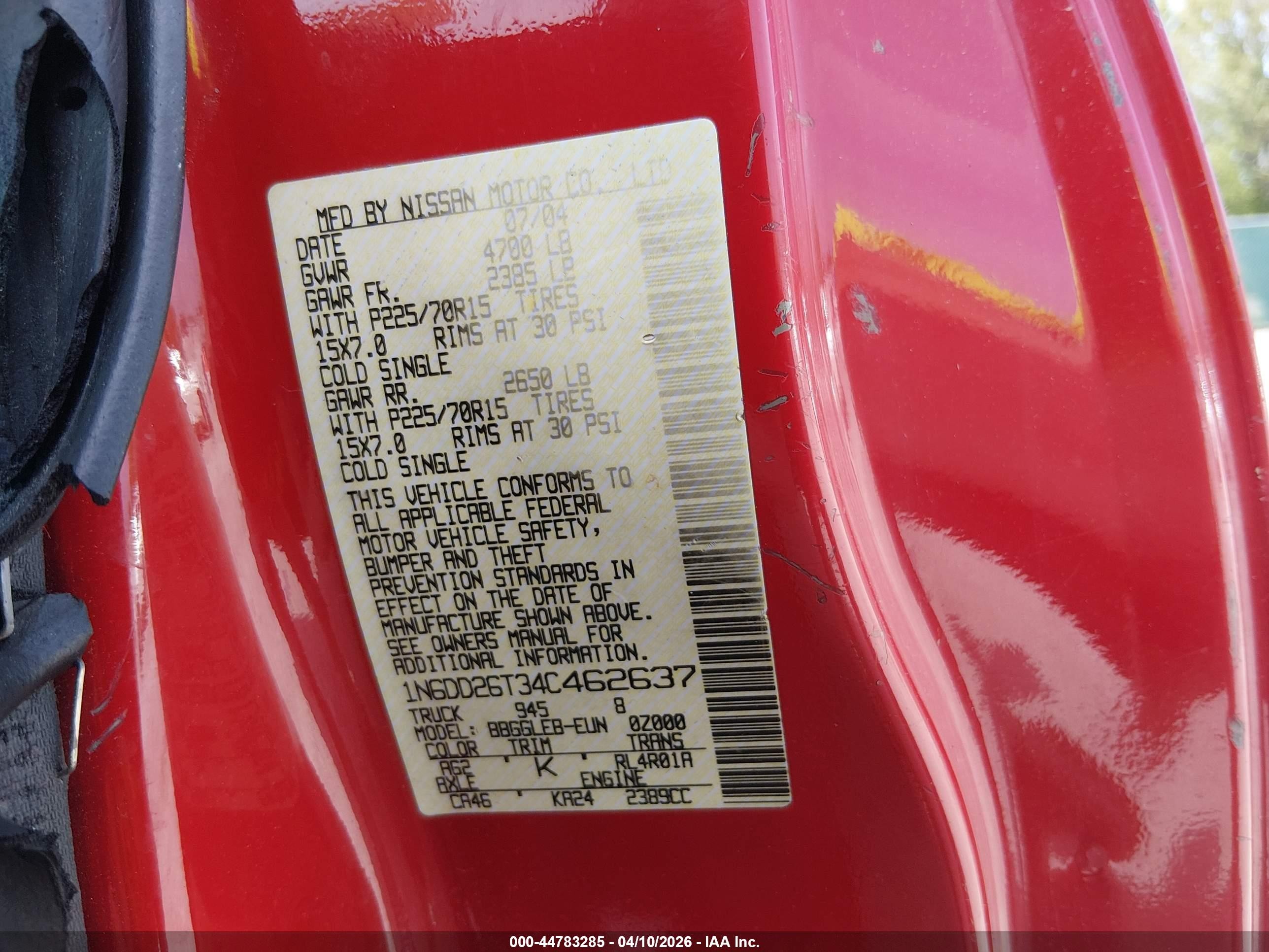 2004 Nissan Frontier Xe Red vin: 1N6DD26T34C462637