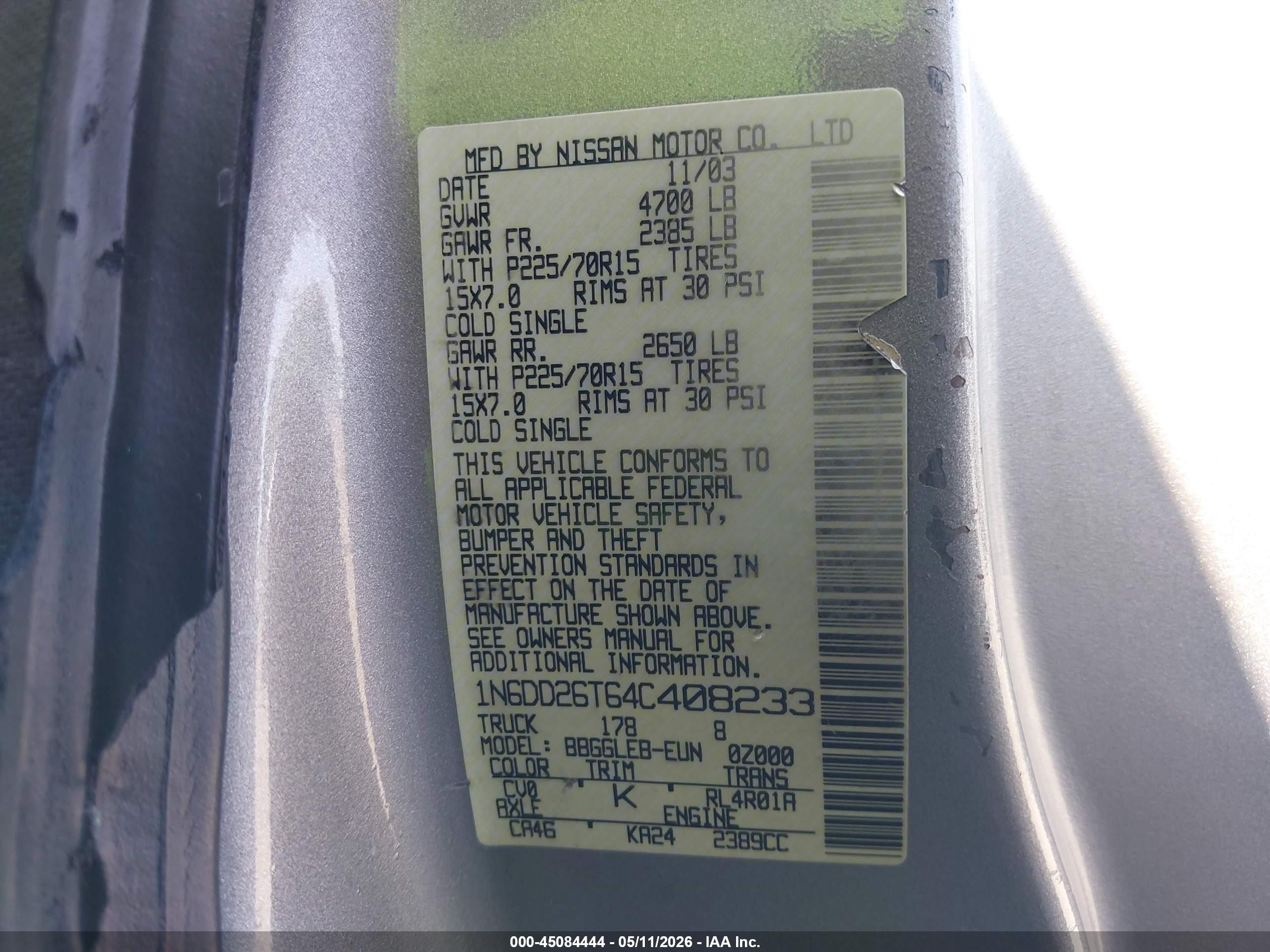 2004 Nissan Frontier Xe Silver vin: 1N6DD26T64C408233