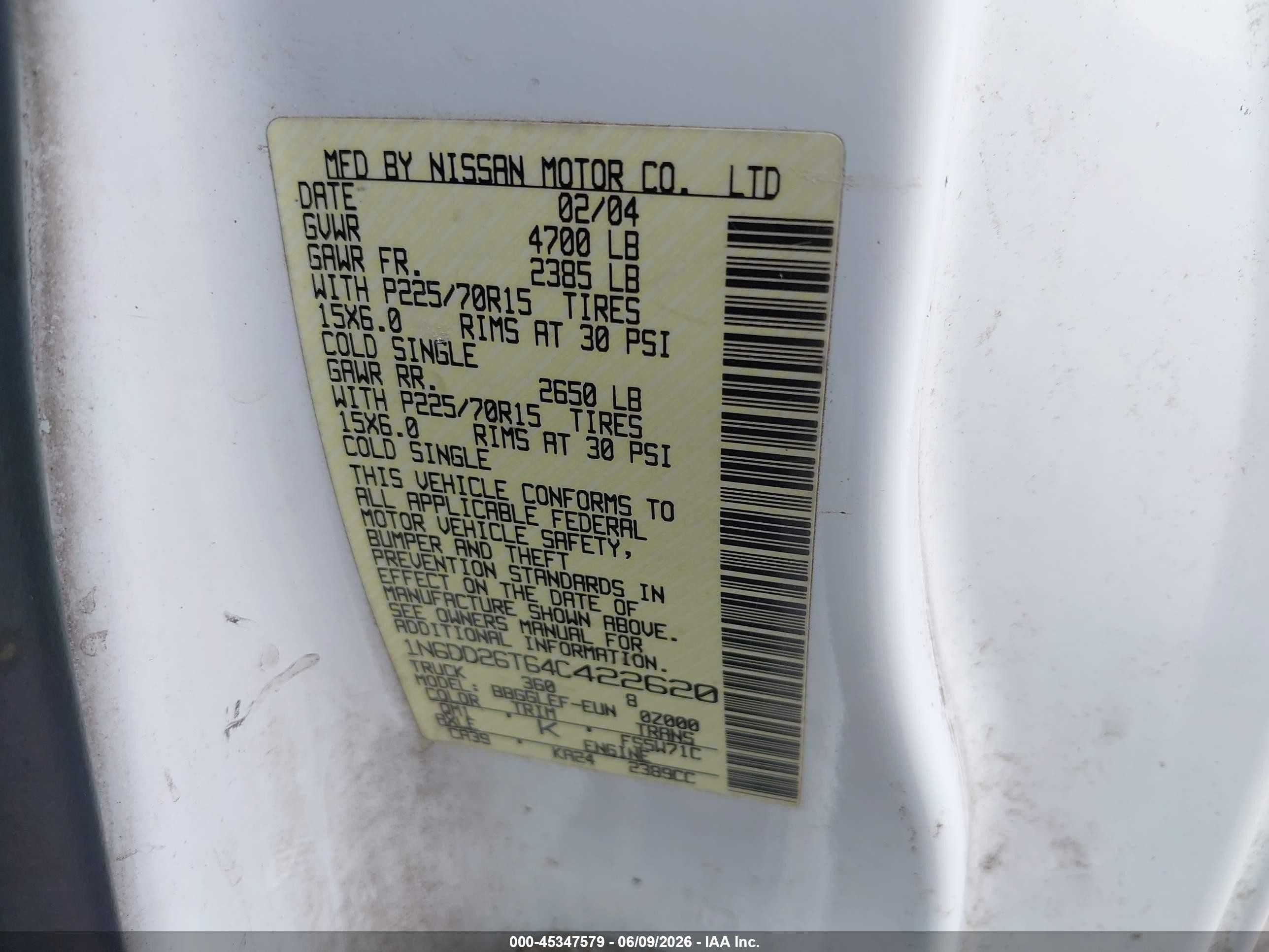 2004 Nissan Frontier Standard White vin: 1N6DD26T64C422620