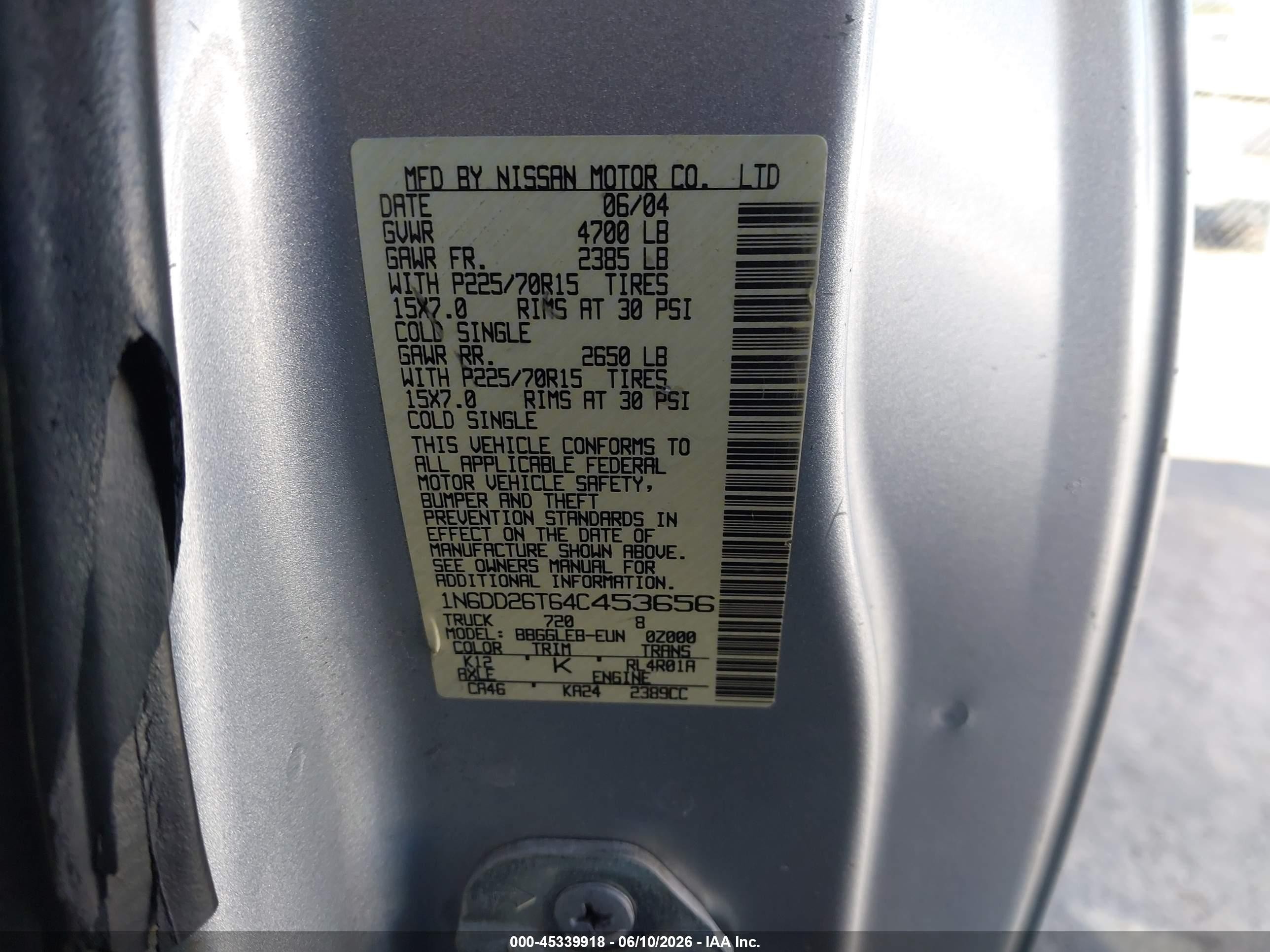 2004 Nissan Frontier Xe Silver vin: 1N6DD26T64C453656