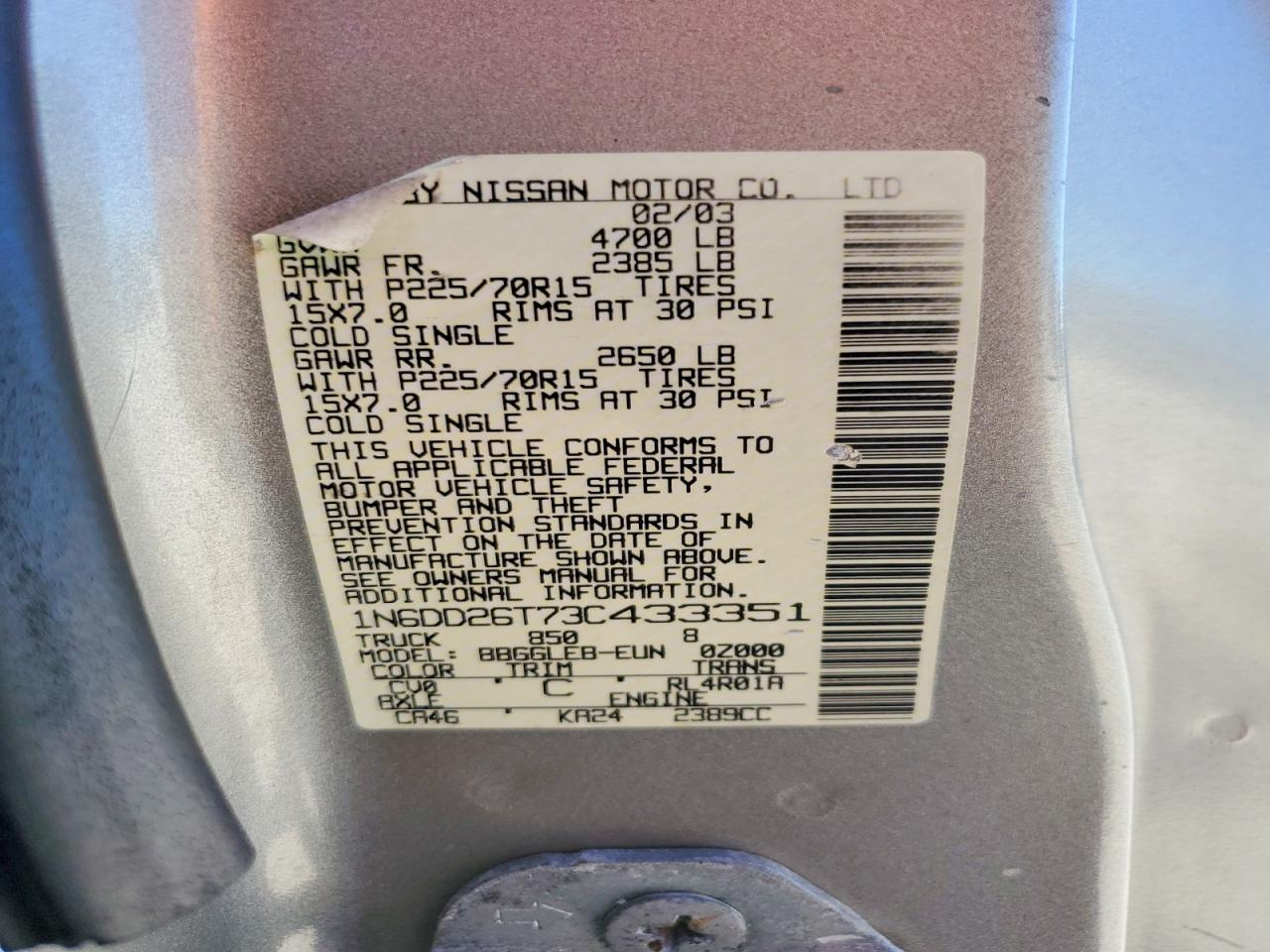 2003 Nissan Frontier King Cab Xe Silver vin: 1N6DD26T73C433351