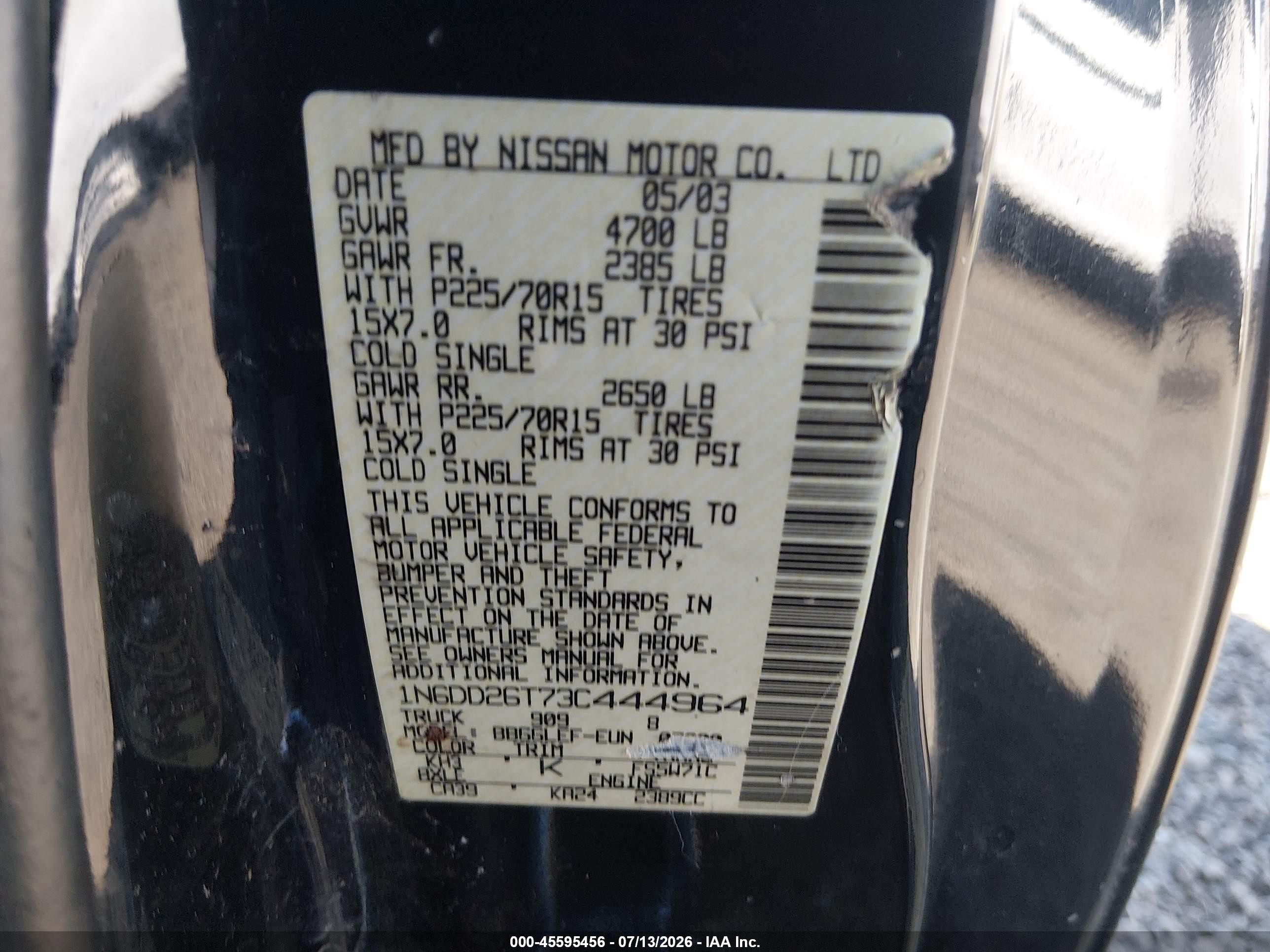 2003 Nissan Frontier Xe Черный vin: 1N6DD26T73C444964