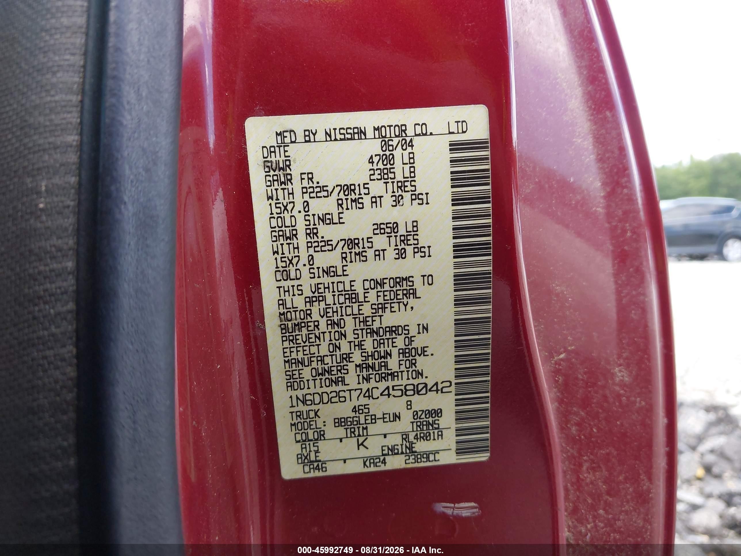 2004 Nissan Frontier Xe Красный vin: 1N6DD26T74C458042