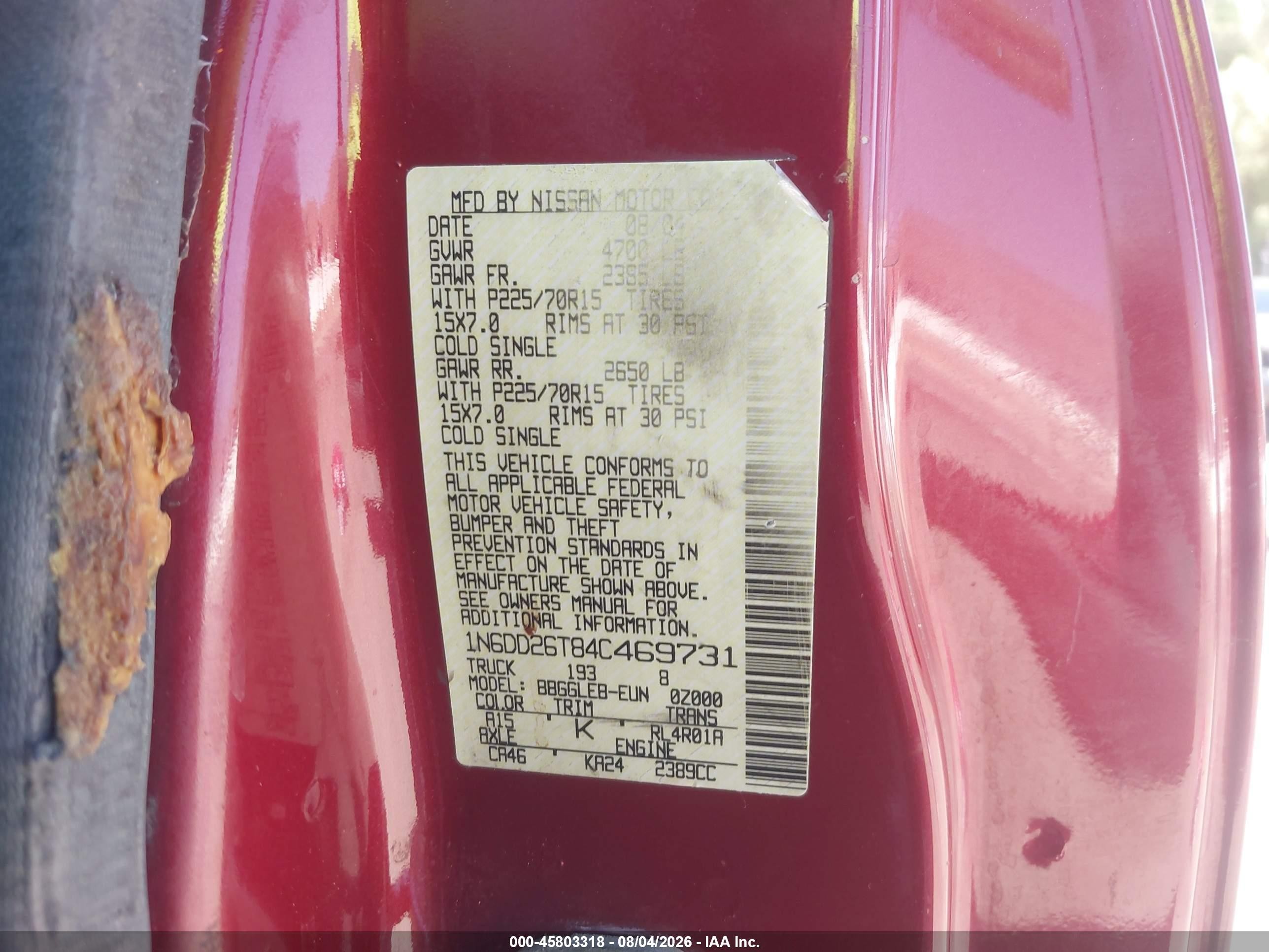 2004 Nissan Frontier Xe Red vin: 1N6DD26T84C469731
