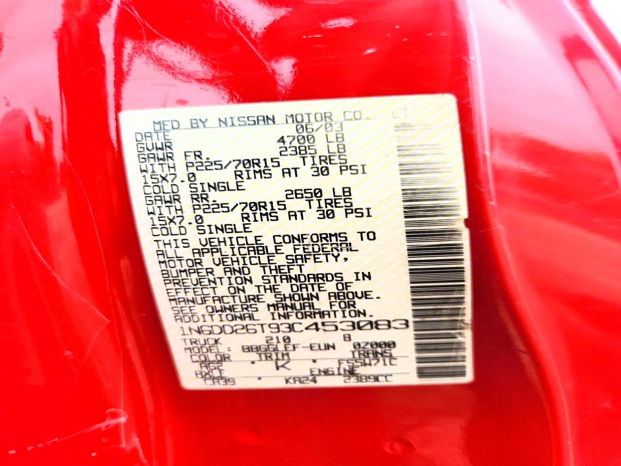 2003 Nissan Frontier Standard Red vin: 1N6DD26T93C453083
