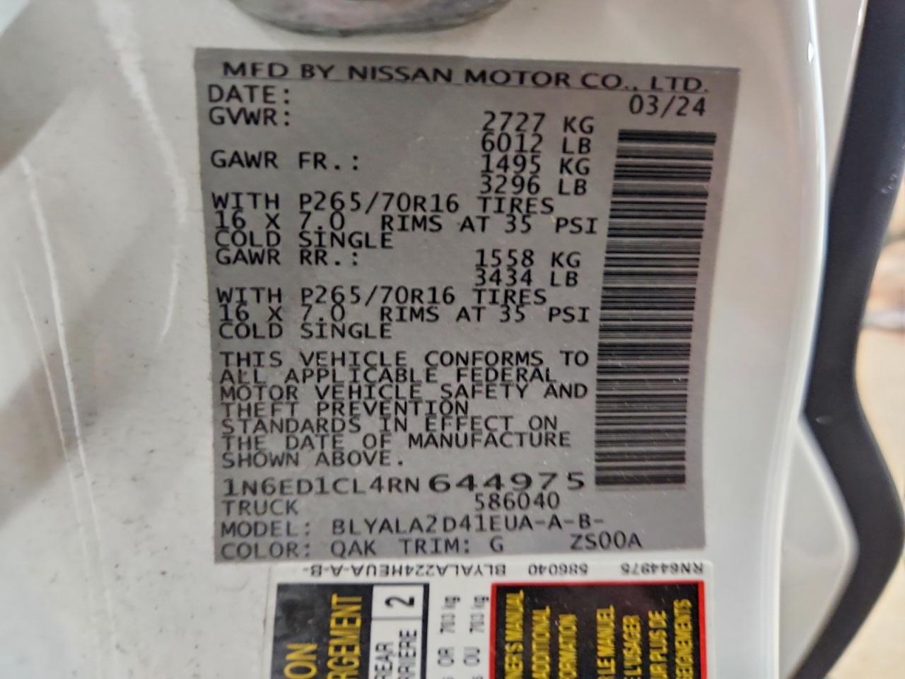 2024 Nissan Frontier S White vin: 1N6ED1CL4RN644975