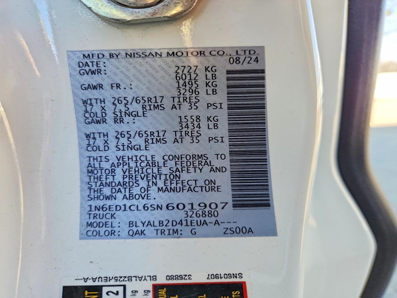 2025 Nissan Frontier Sv White vin: 1N6ED1CL6SN601907
