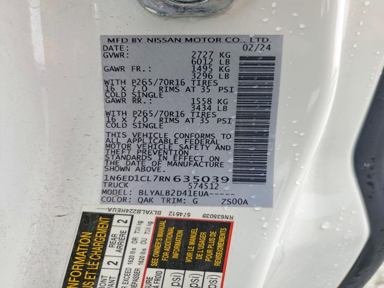 2024 Nissan Frontier Sv White vin: 1N6ED1CL7RN635039