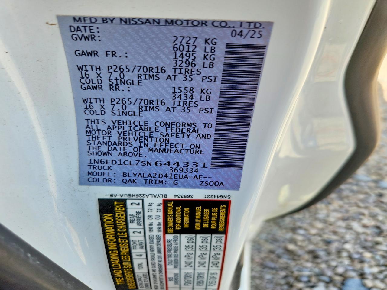 2025 Nissan Frontier S White vin: 1N6ED1CL7SN644331