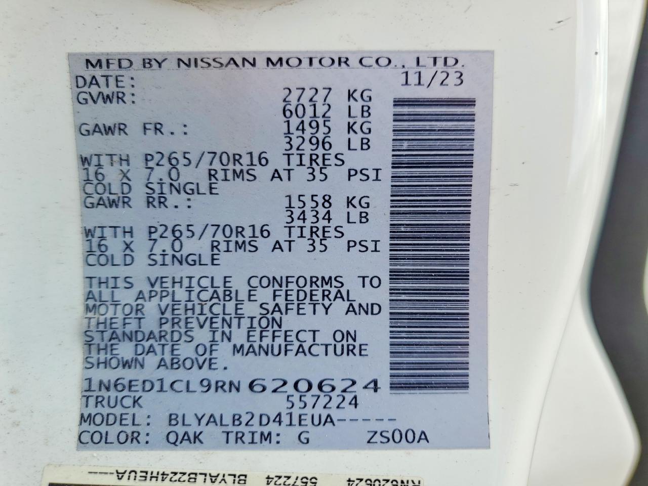 2024 Nissan Frontier Sv White vin: 1N6ED1CL9RN620624