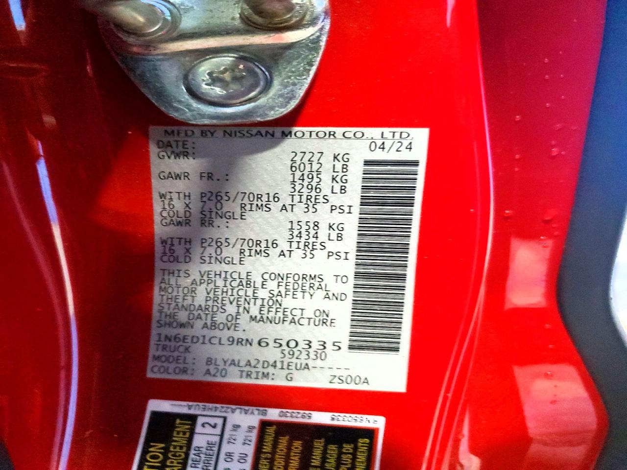 2024 Nissan Frontier S Red vin: 1N6ED1CL9RN650335