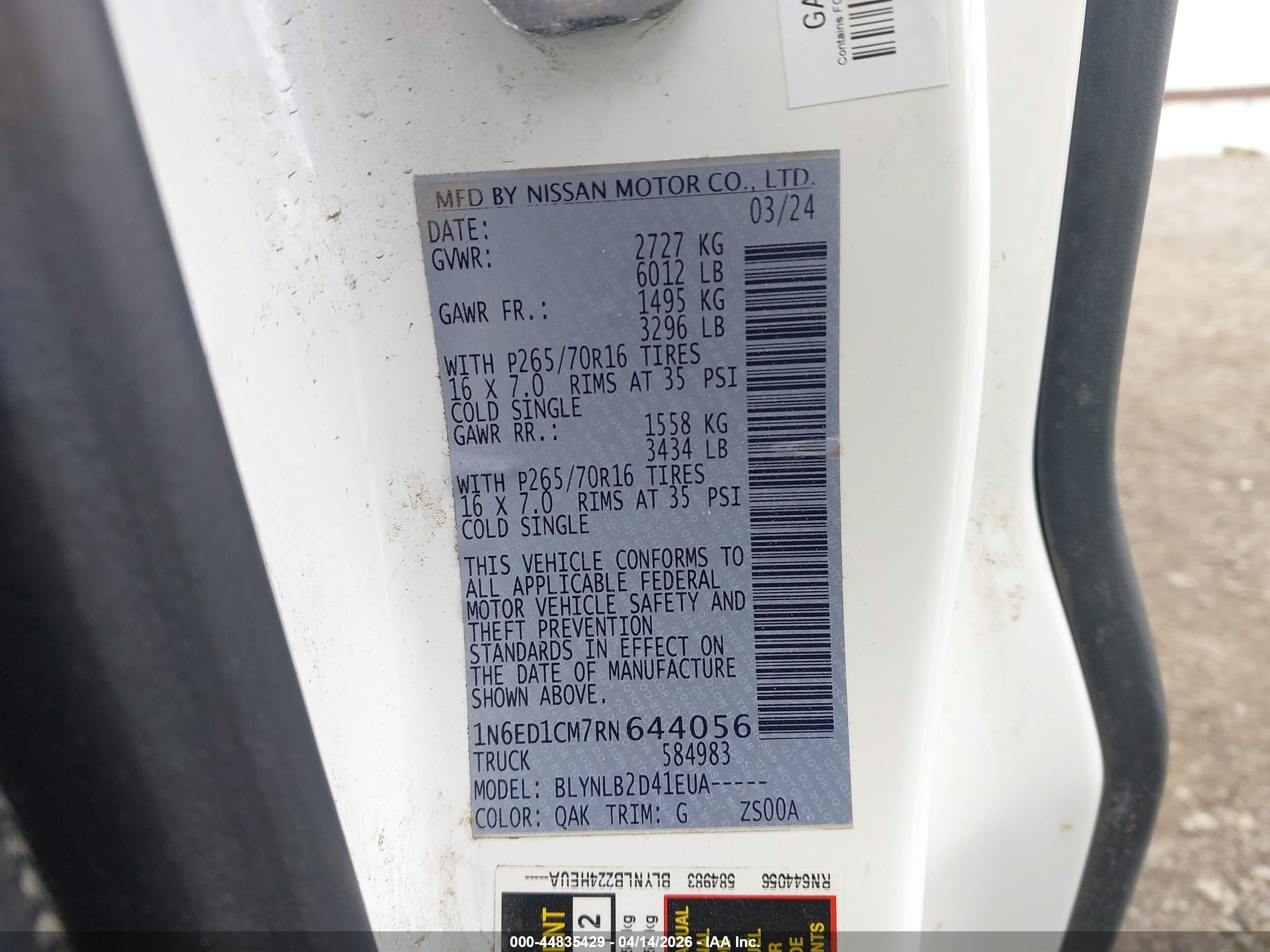 2024 Nissan Frontier King Cab Sv 4x4 White vin: 1N6ED1CM7RN644056