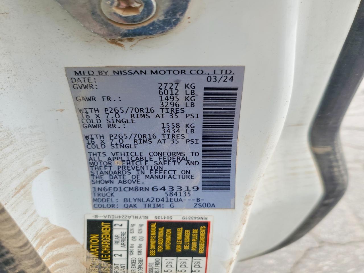 2024 Nissan Frontier S Белый vin: 1N6ED1CM8RN643319