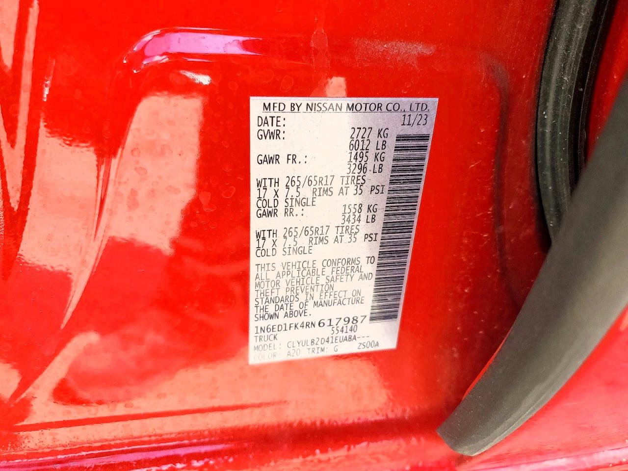 2024 Nissan Frontier Sv Red vin: 1N6ED1FK4RN617987