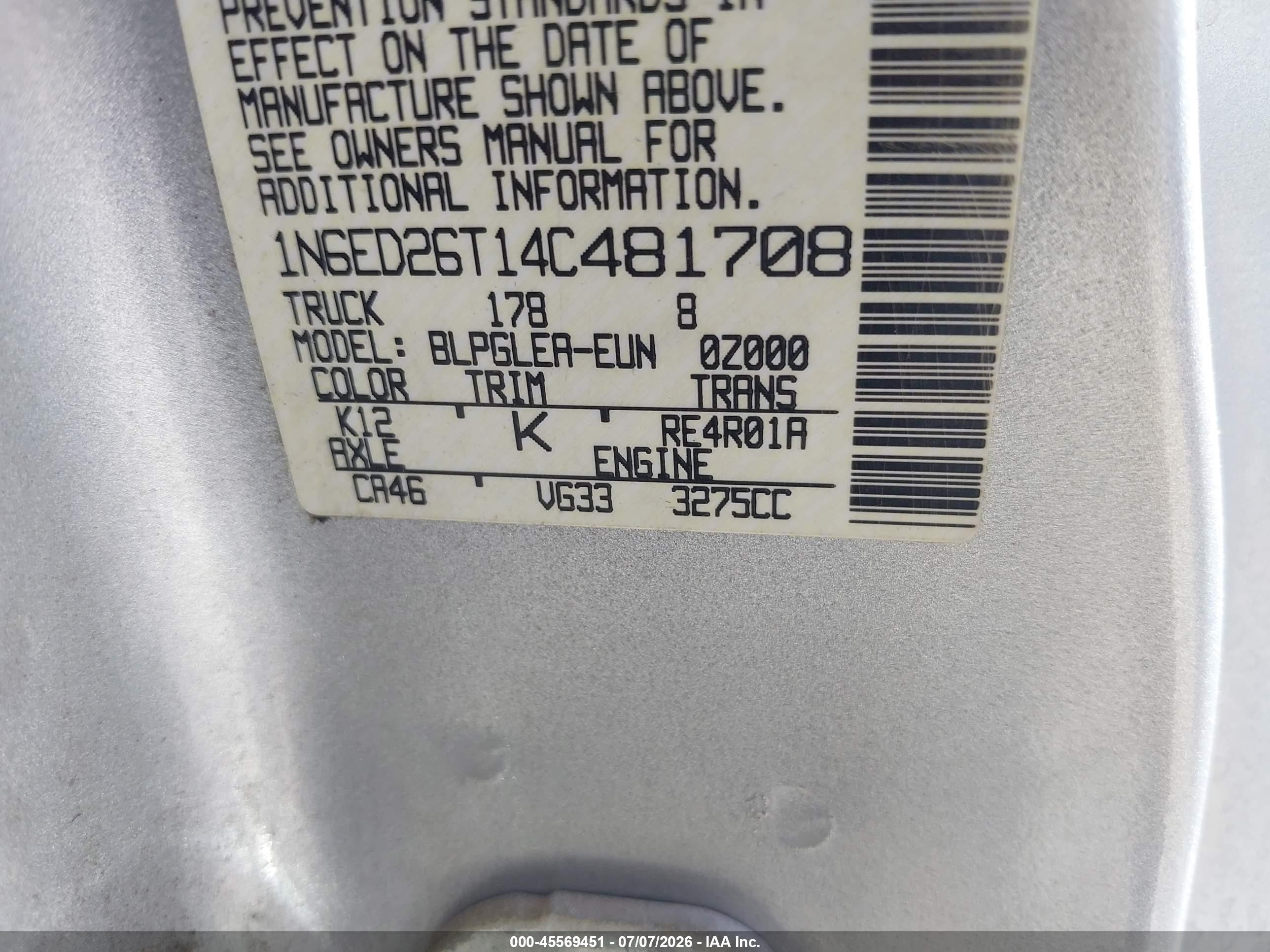 2004 Nissan Frontier Desert Runner Xe-v6 Silver vin: 1N6ED26T14C481708