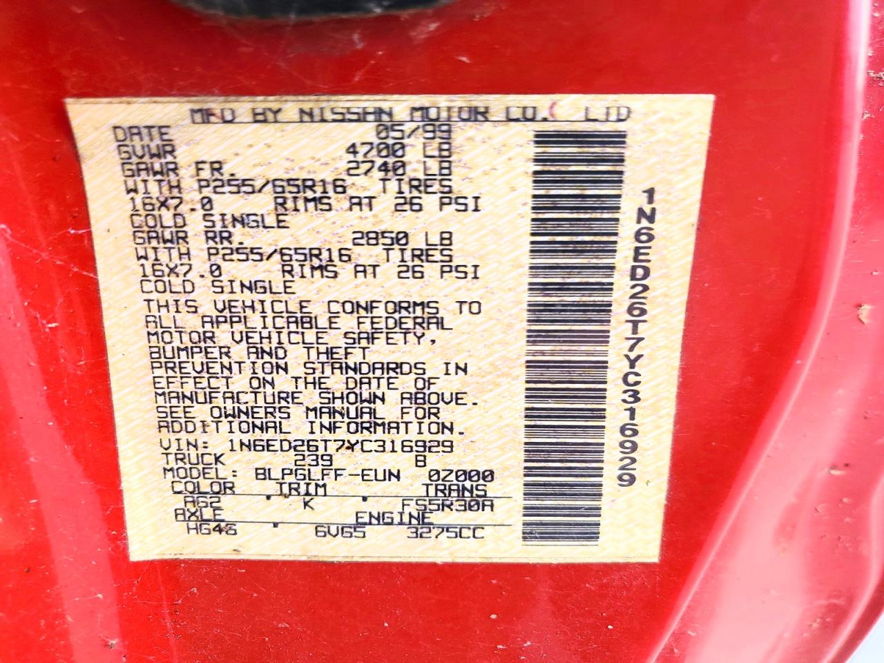 2000 Nissan Frontier Xe Desert Runner Red vin: 1N6ED26T7YC316929