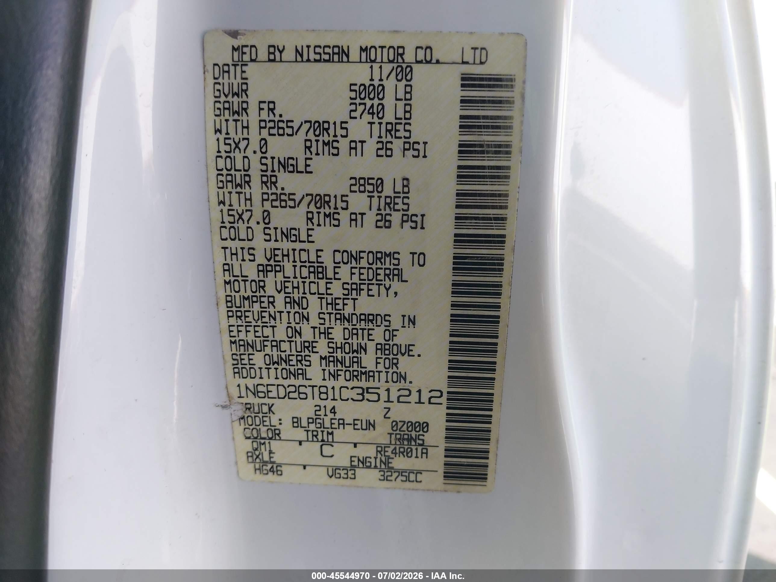 2001 Nissan Frontier 2wd Xe Desert Runner White vin: 1N6ED26T81C351212