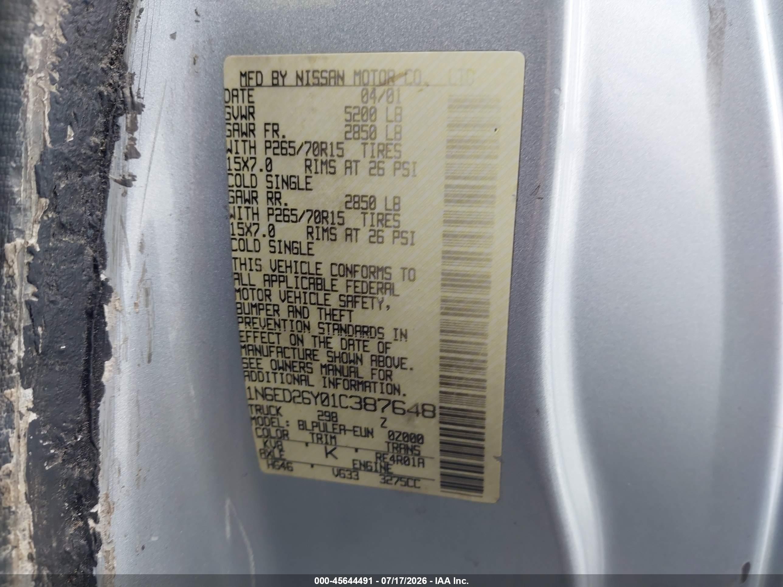 2001 Nissan Frontier Xe-v6 Silver vin: 1N6ED26Y01C387648
