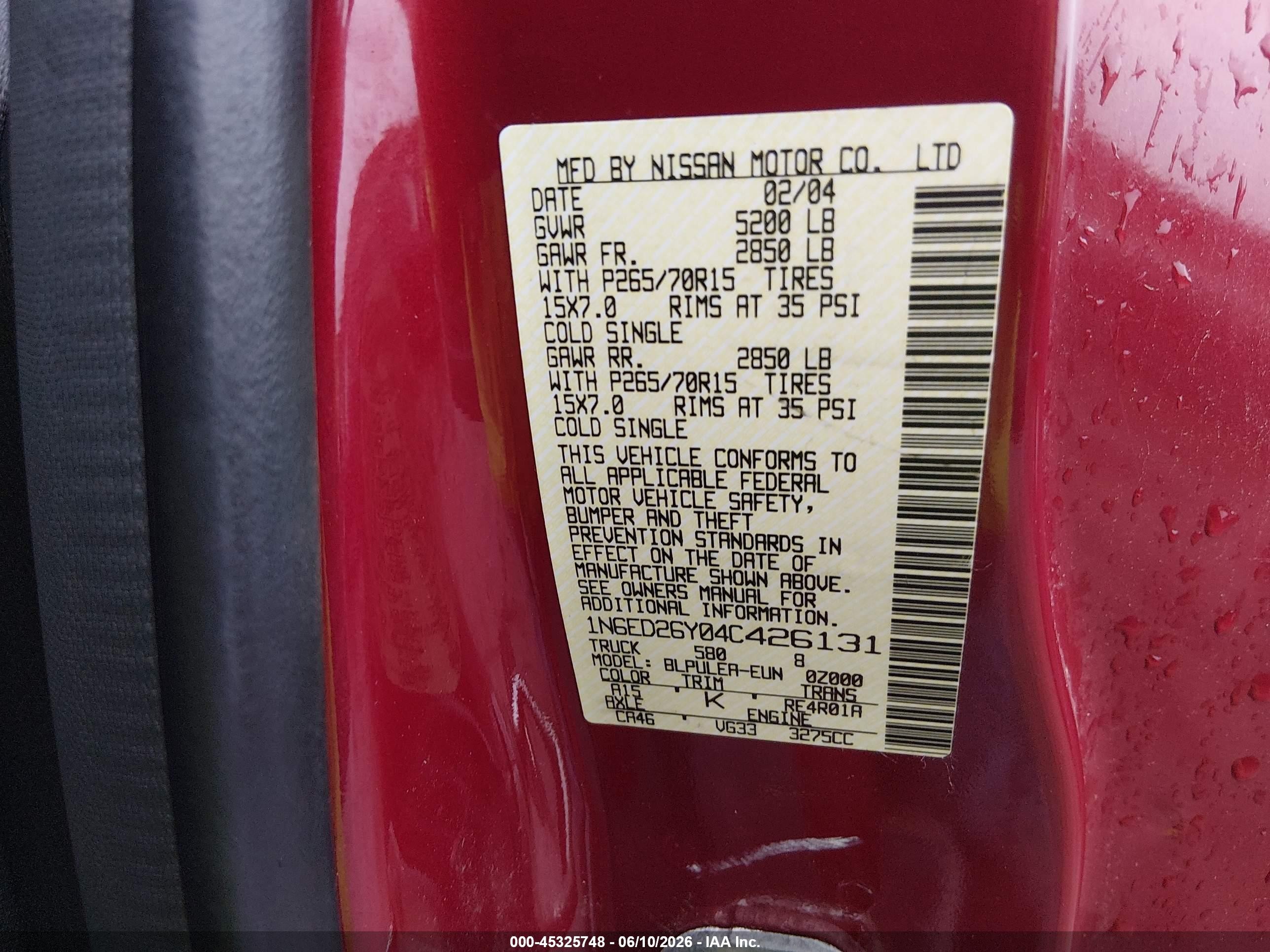 2004 Nissan Frontier Xe-v6 Red vin: 1N6ED26Y04C426131
