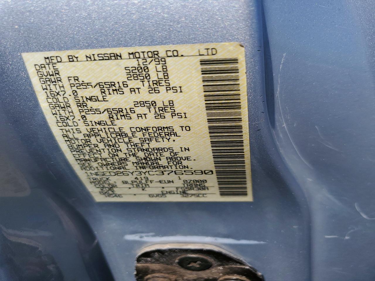 2000 Nissan Frontier Xe-v6 Gray vin: 1N6ED26Y3YC376590