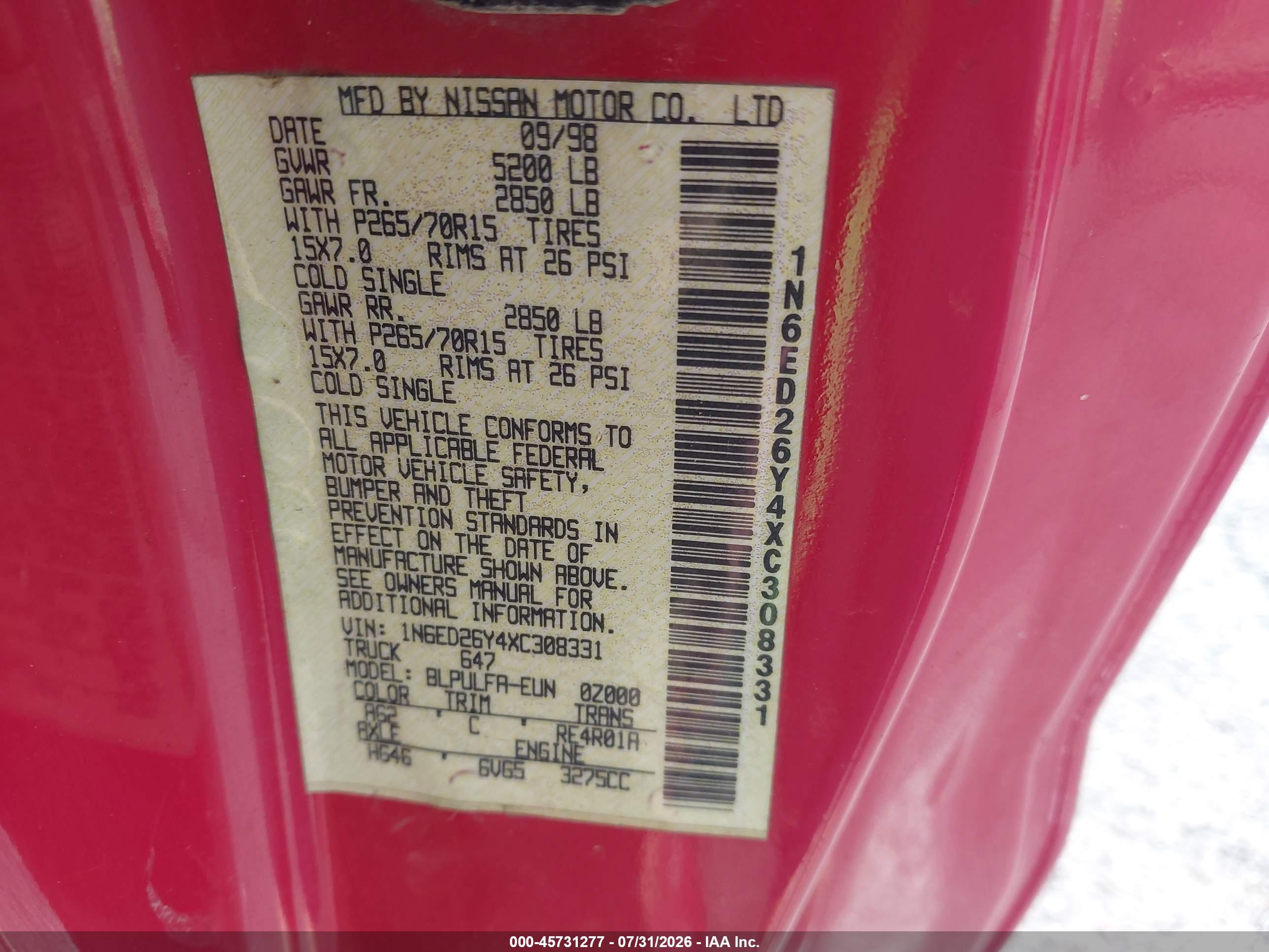 1999 Nissan Frontier Se-v6/xe-v6 Red vin: 1N6ED26Y4XC308331