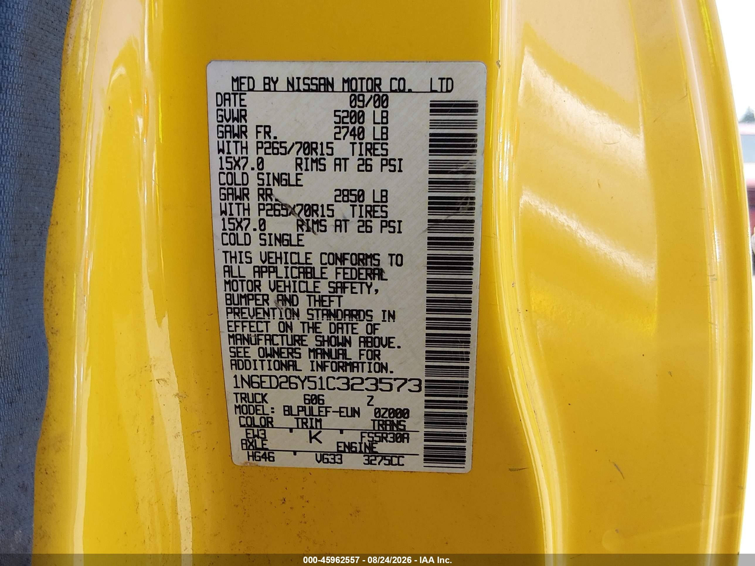 2001 Nissan Frontier Xe-v6 Yellow vin: 1N6ED26Y51C323573