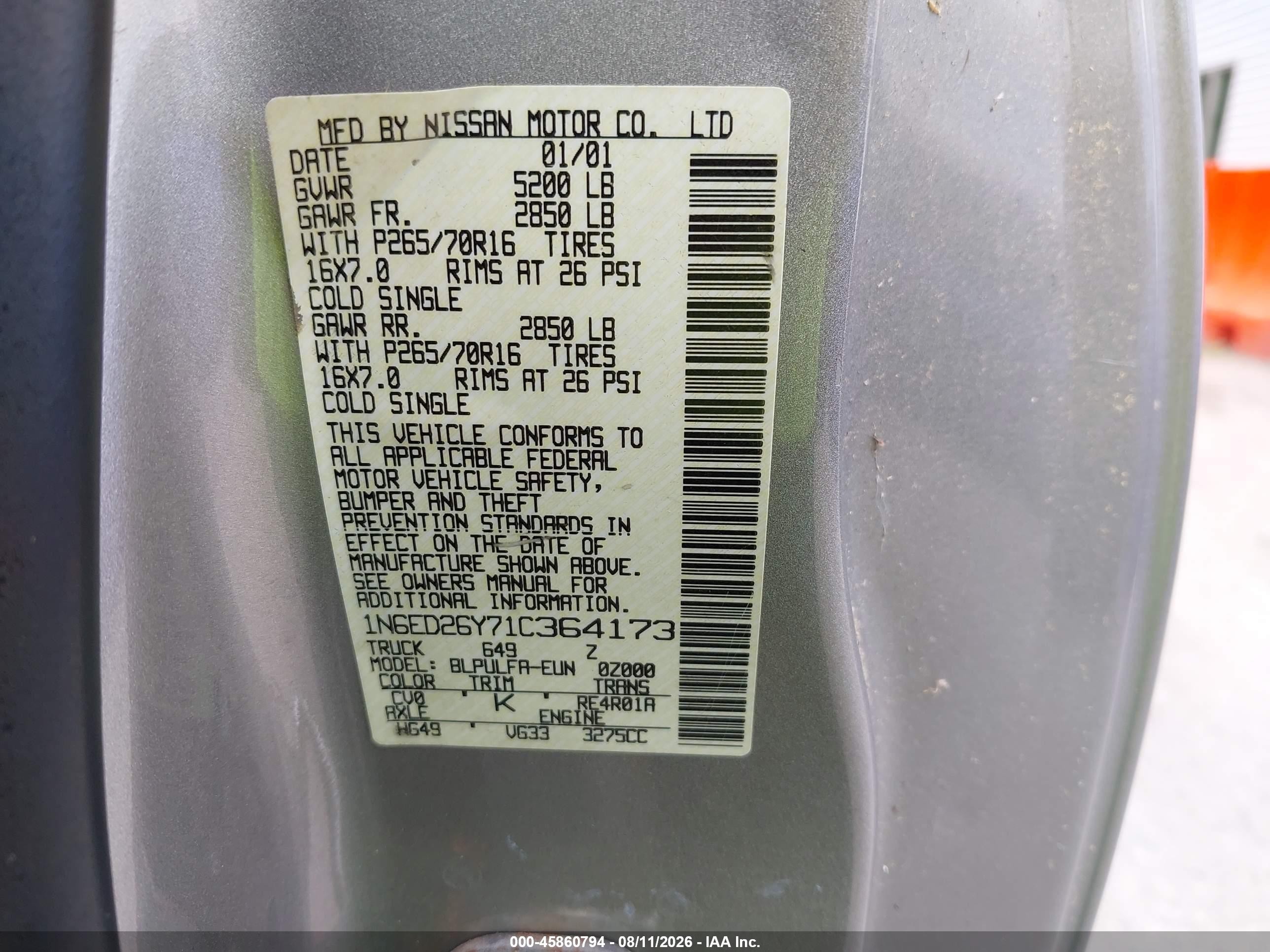 2001 Nissan Frontier Se-v6 Gray vin: 1N6ED26Y71C364173