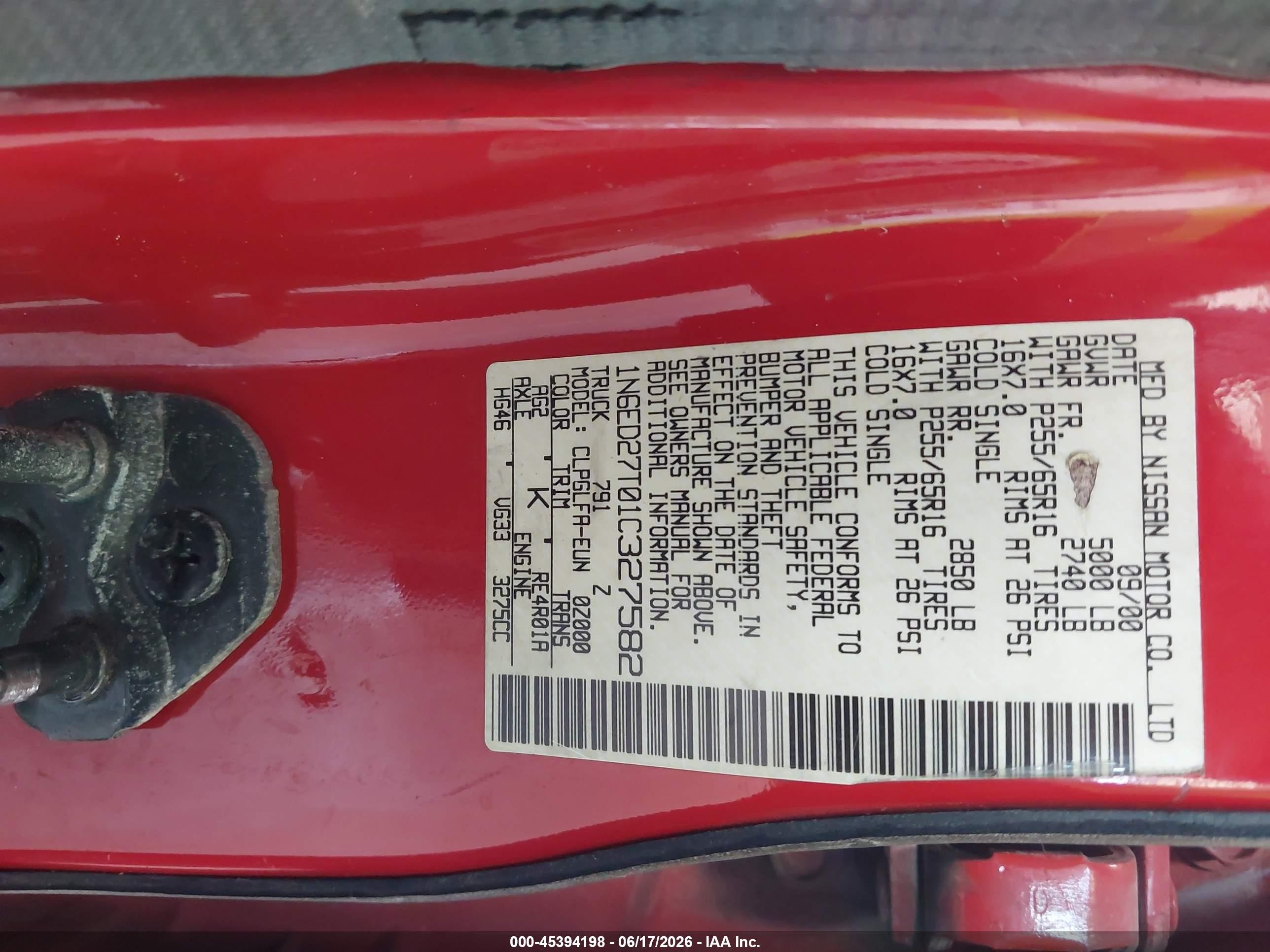 2001 Nissan Frontier Se-v6 Красный vin: 1N6ED27T01C327582