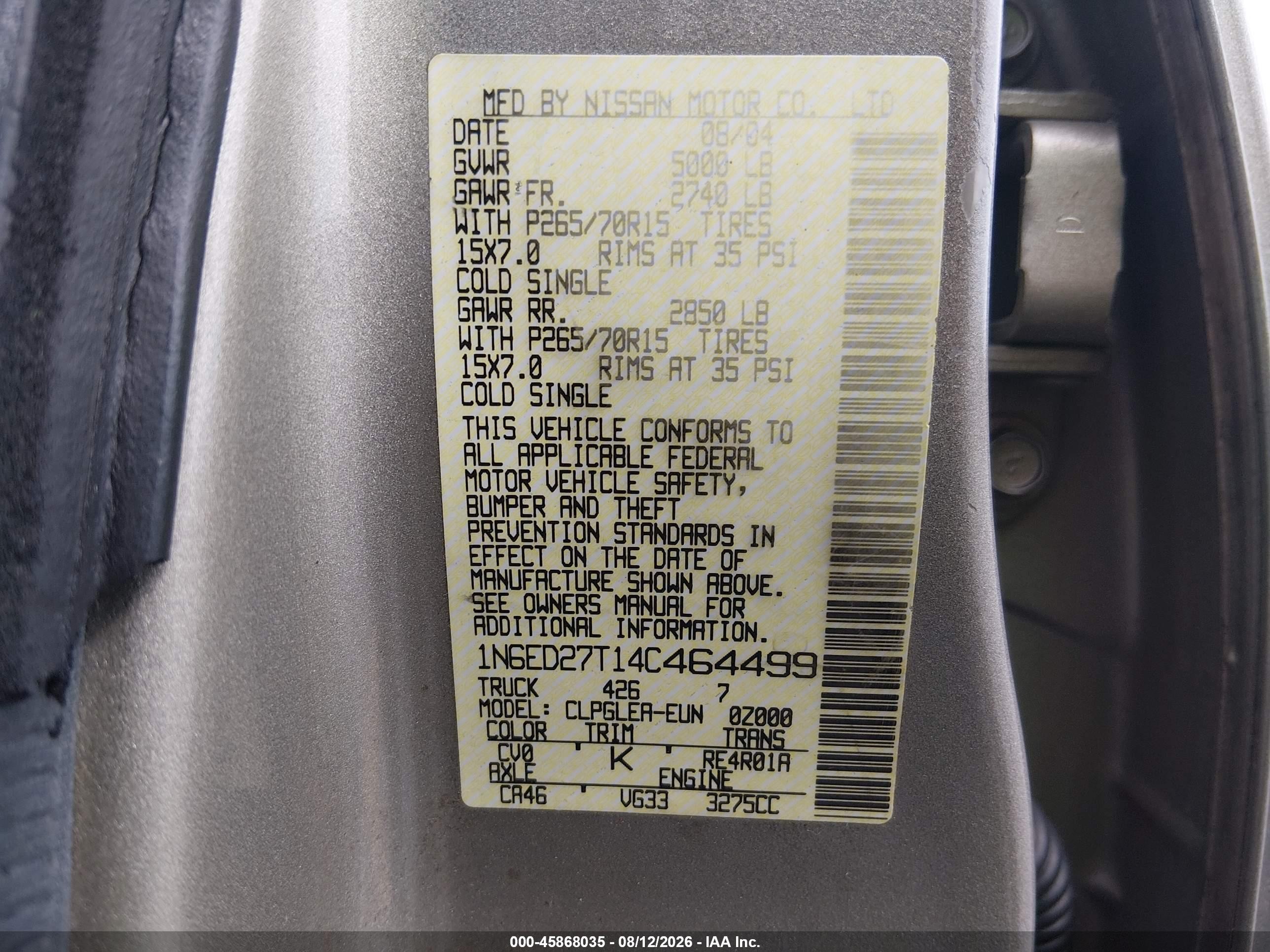 2004 Nissan Frontier Xe-v6 Gray vin: 1N6ED27T14C464499