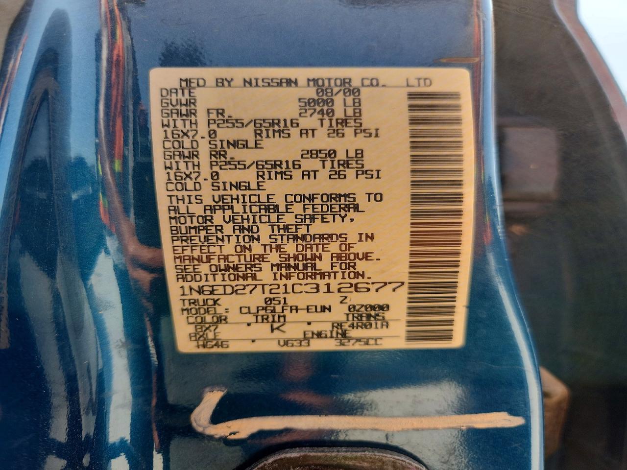 2001 Nissan Frontier Xe Blue vin: 1N6ED27T21C312677