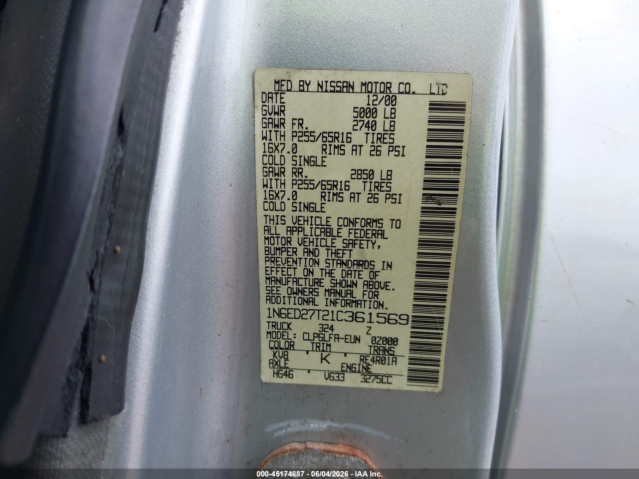 2001 Nissan Frontier Se-v6 Silver vin: 1N6ED27T21C361569
