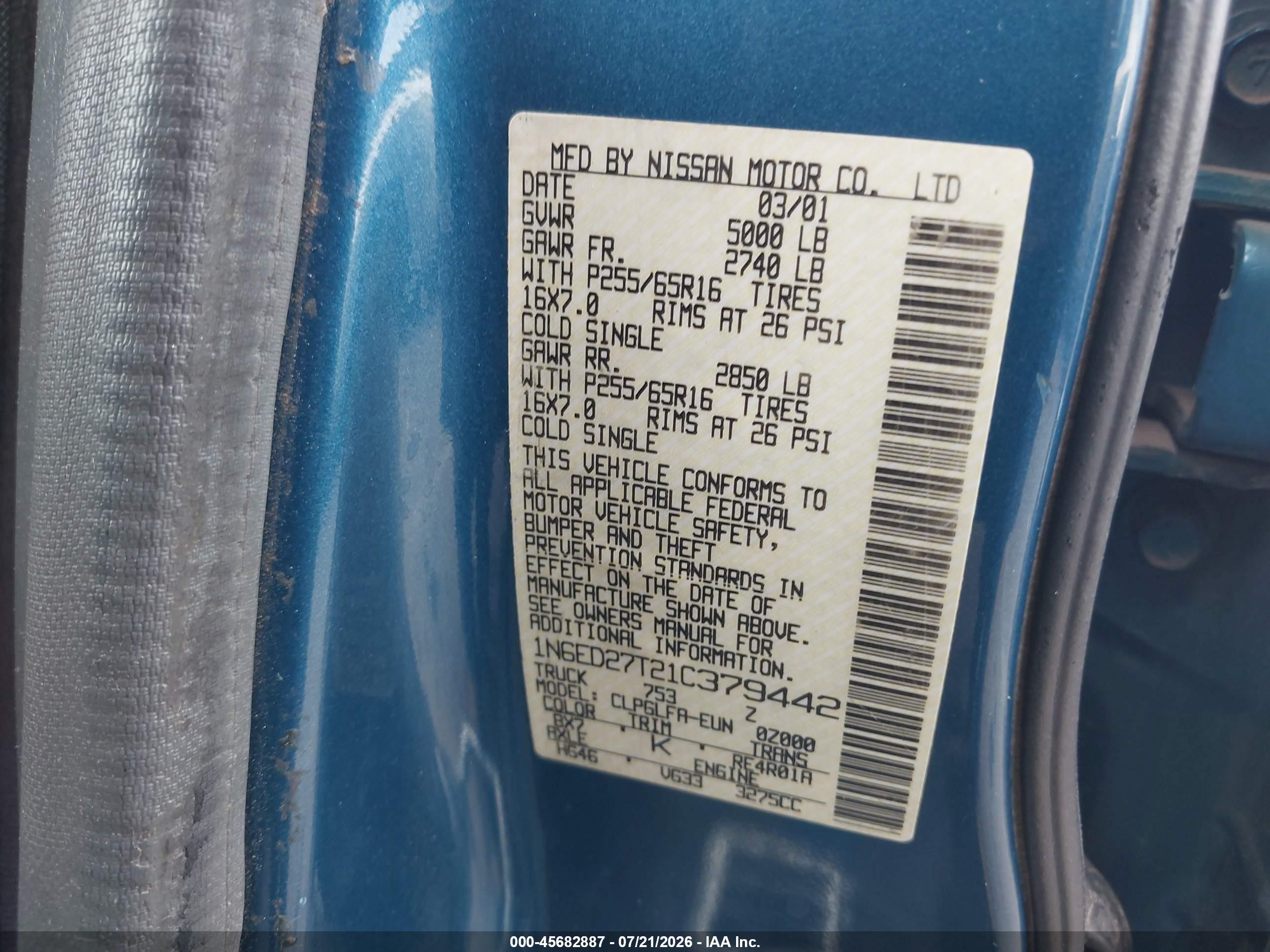 2001 Nissan Frontier Se-v6 Blue vin: 1N6ED27T21C379442