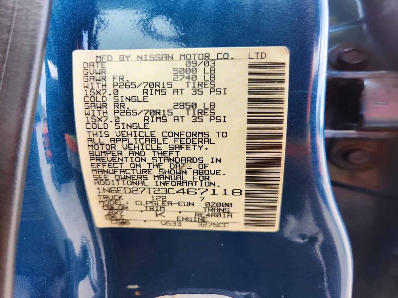 2003 Nissan Frontier Xe-v6 Blue vin: 1N6ED27T23C467118