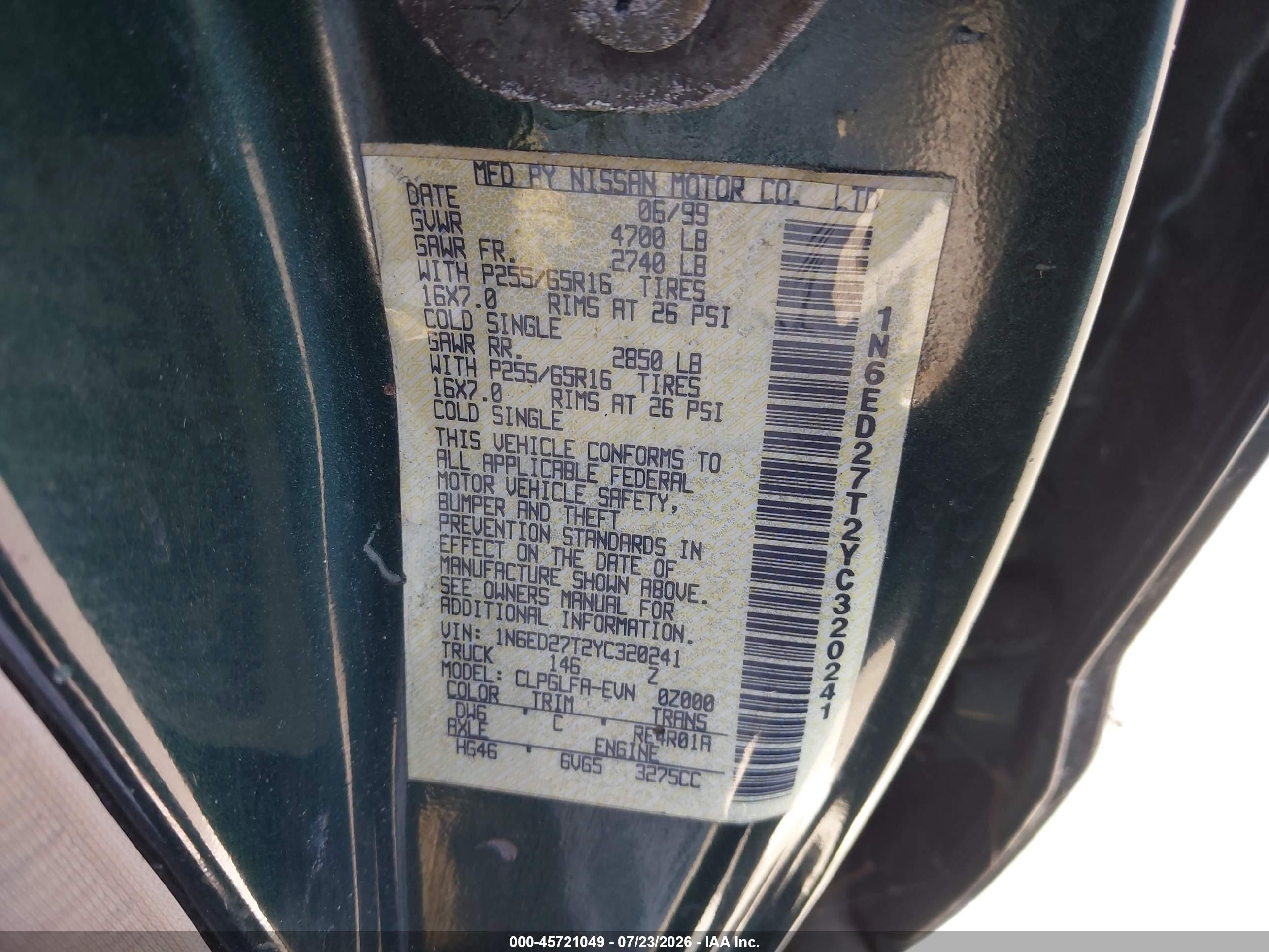 2000 Nissan Frontier Se-v6/xe-v6 Green vin: 1N6ED27T2YC320241
