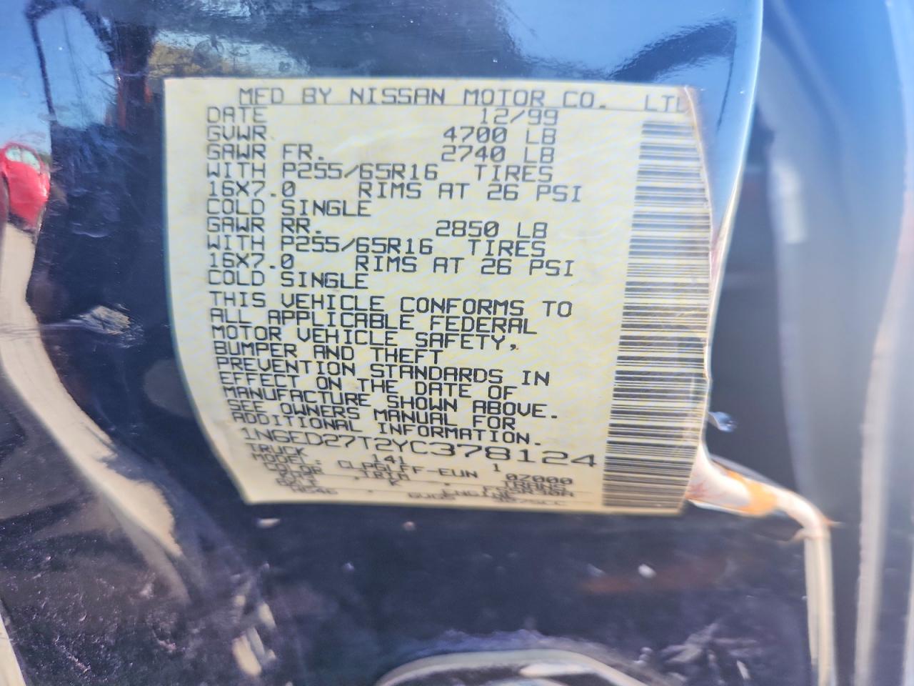 2000 Nissan Frontier Black vin: 1N6ED27T2YC378124