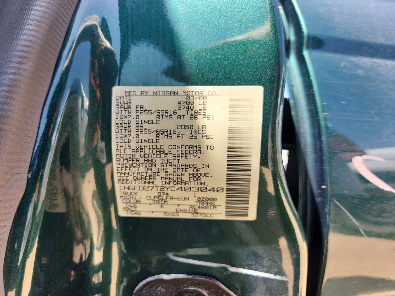 2000 Nissan Frontier Xe Green vin: 1N6ED27T2YC403040