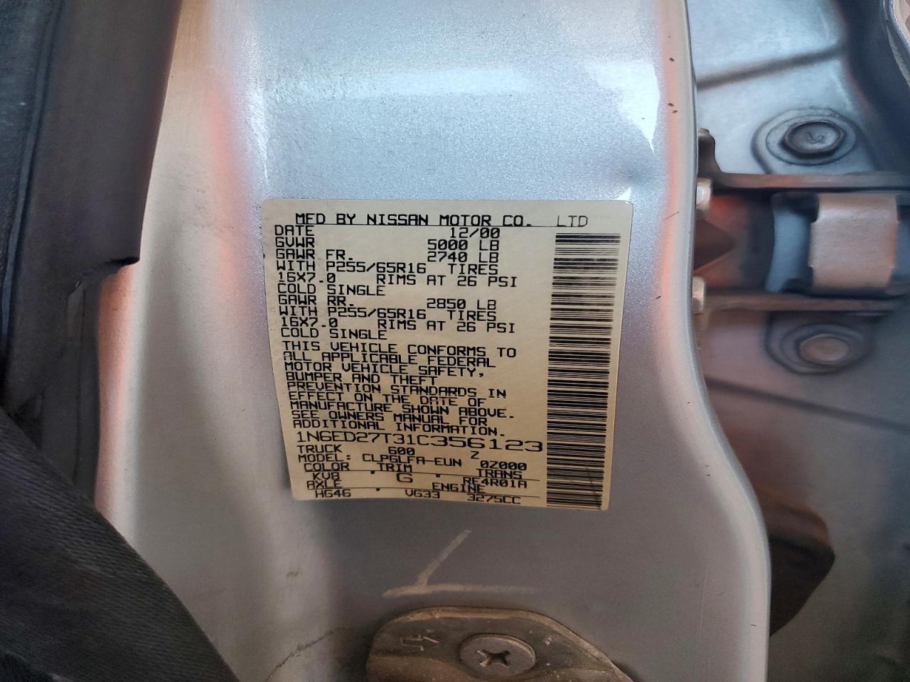 2001 Nissan Frontier Xe Silver vin: 1N6ED27T31C356123