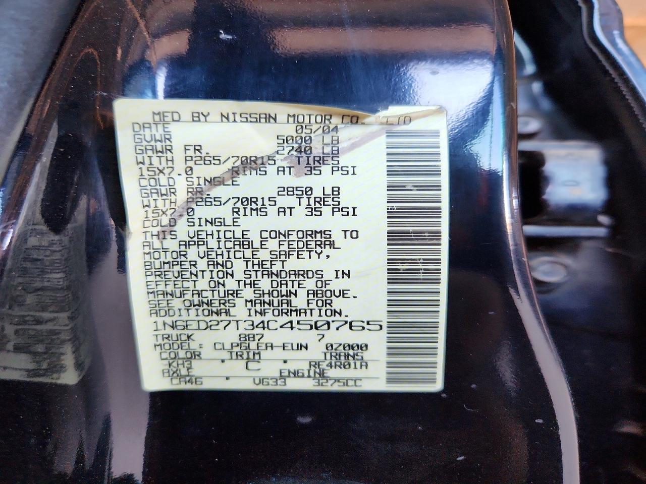 2004 Nissan Frontier Xe-v6 Black vin: 1N6ED27T34C450765