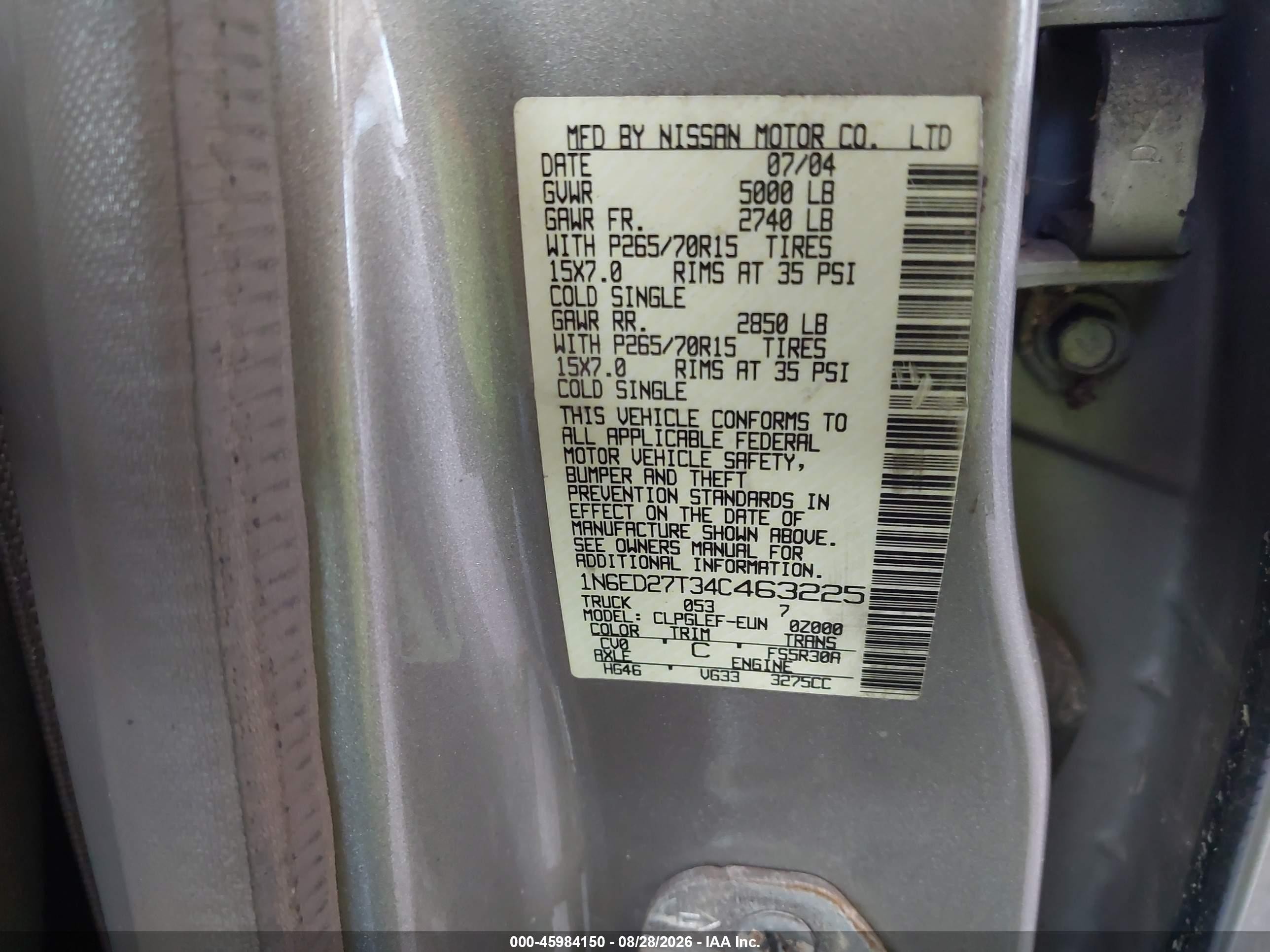 2004 Nissan Frontier Xe-v6 Beige vin: 1N6ED27T34C463225
