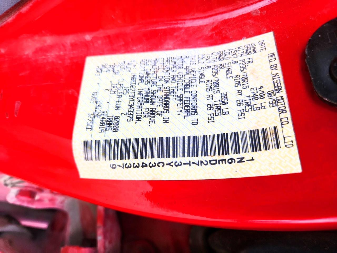 2000 Nissan Frontier Xe Red vin: 1N6ED27T3YC343379