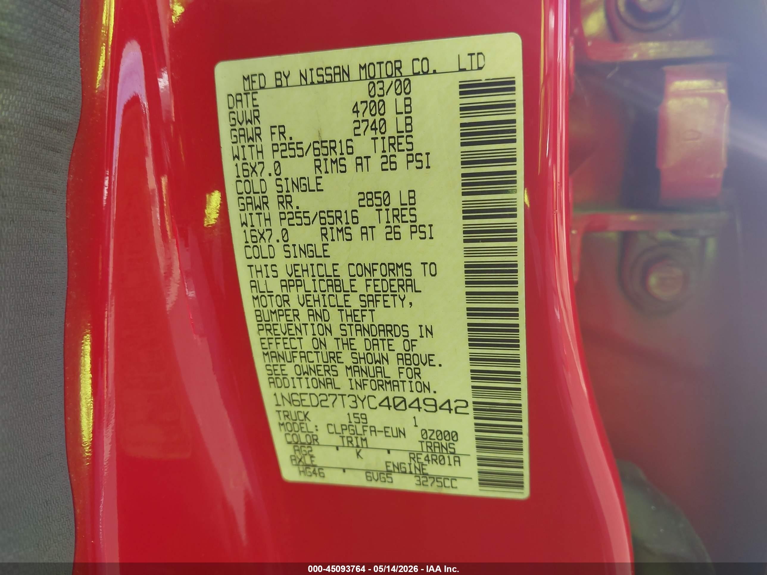 2000 Nissan Frontier Se-v6/xe-v6 Red vin: 1N6ED27T3YC404942