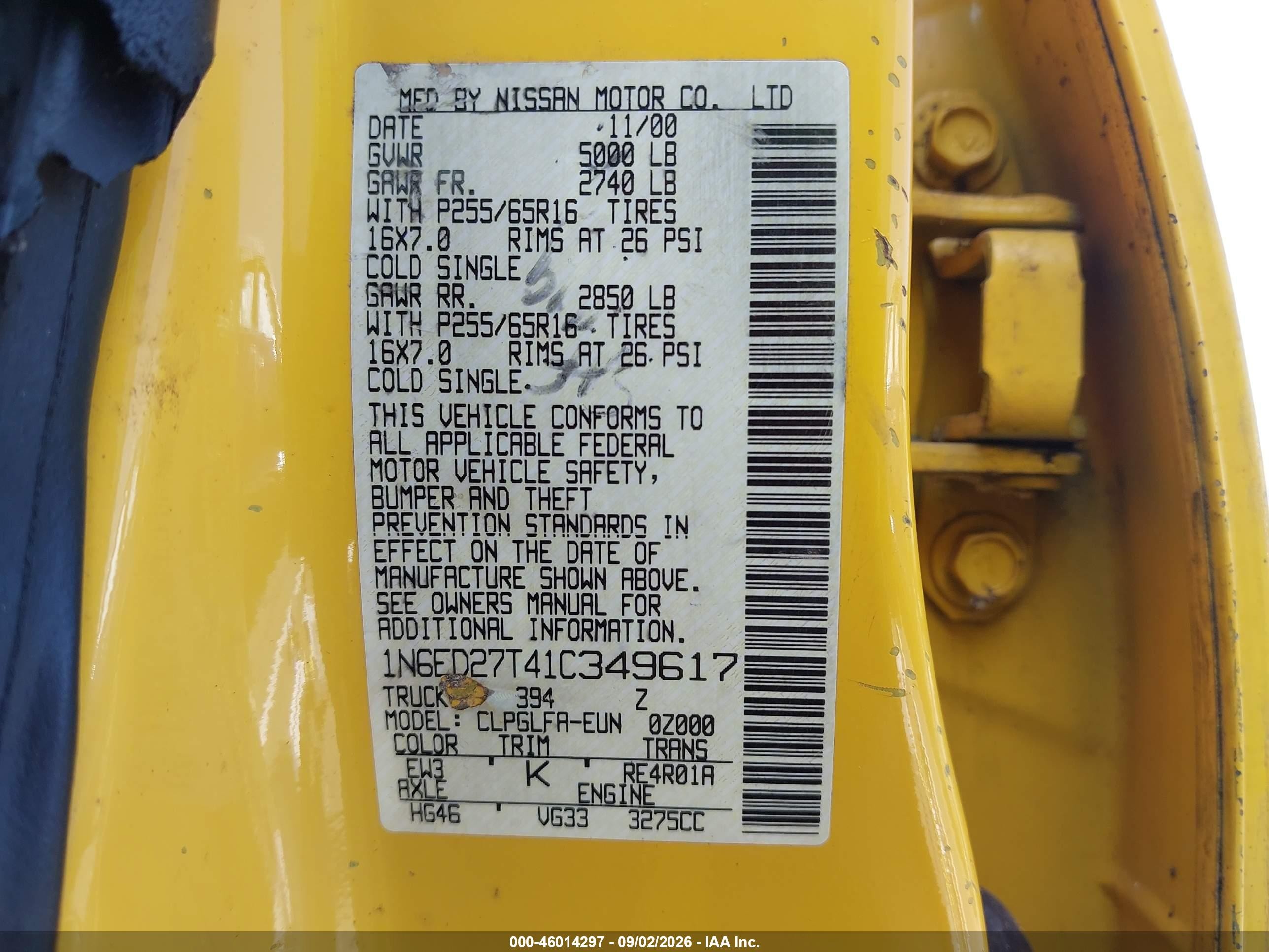 2001 Nissan Frontier Se-v6 Yellow vin: 1N6ED27T41C349617